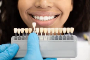 close up of mouth next to veneers in Leesburg, VA